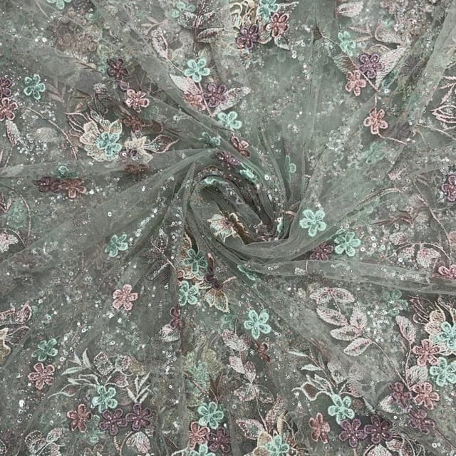 Sea Green Colour Floral Embroidered Net Fabric