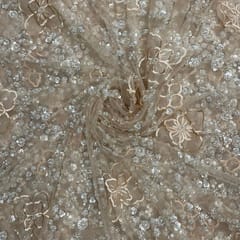 Light Gold Colour Floral Embroidered Net Fabric