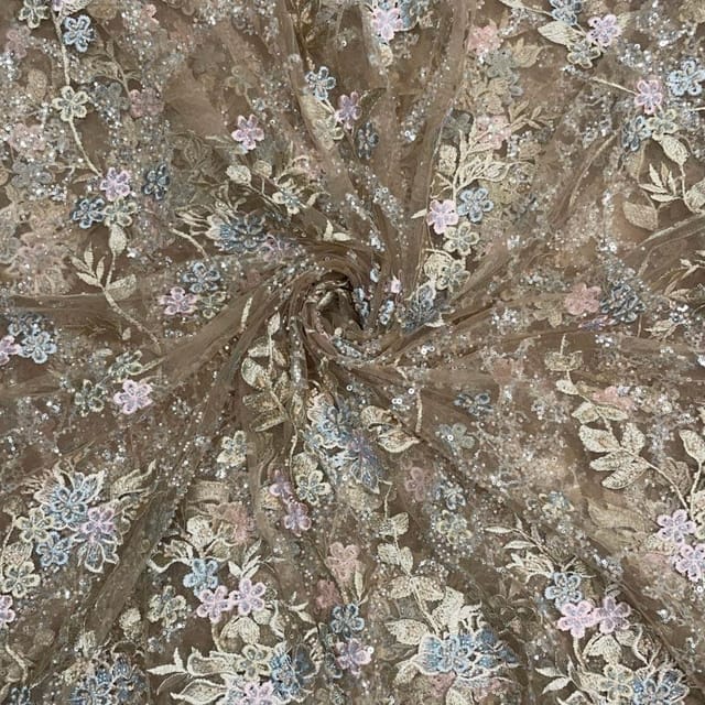 Light Brown Colour Floral Embroidered Net Fabric