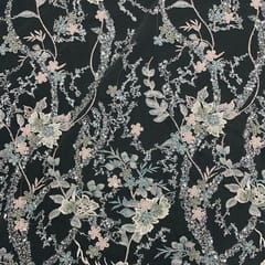 Grey Colour Floral Embroidered Net Fabric
