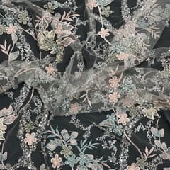 Grey Colour Floral Embroidered Net Fabric