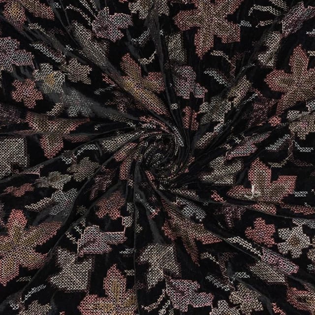 Black Colour Floral Velvet Embroidered Fabric