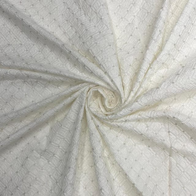 White Dyeable Geometric Dola Silk Embroidered Fabric