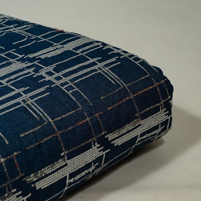 Blue Colour Denim Sequin Embroidred Fabric