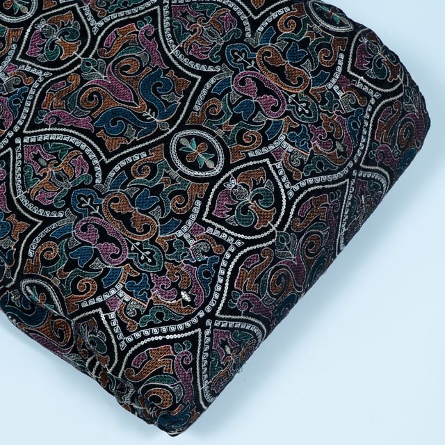 Black Colour Velvet Embroidered Fabric