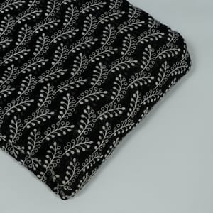 Black Colour Mal Chanderi Embroidered Fabric