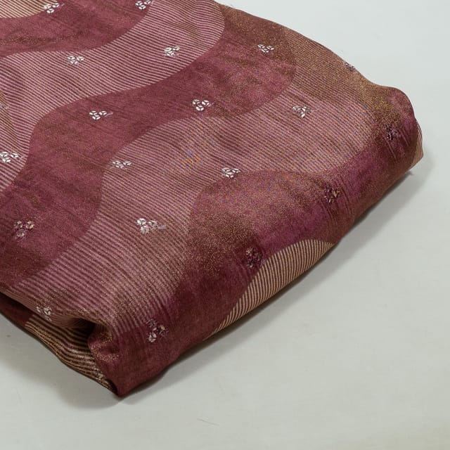 Wine Colour Tissue Silk Print with Embroidered Fabric