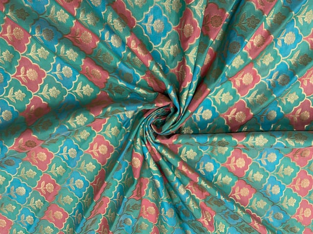 Sea Green Colour Geometric Semi Soft Brocade Fabric