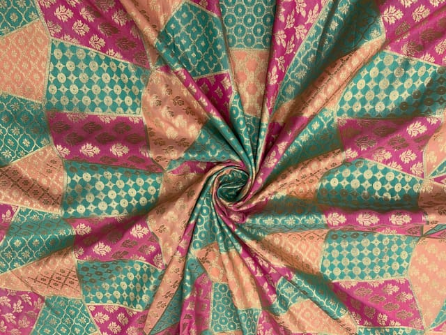 Green MultiColour Colour Geometric Semi Soft Brocade Fabric