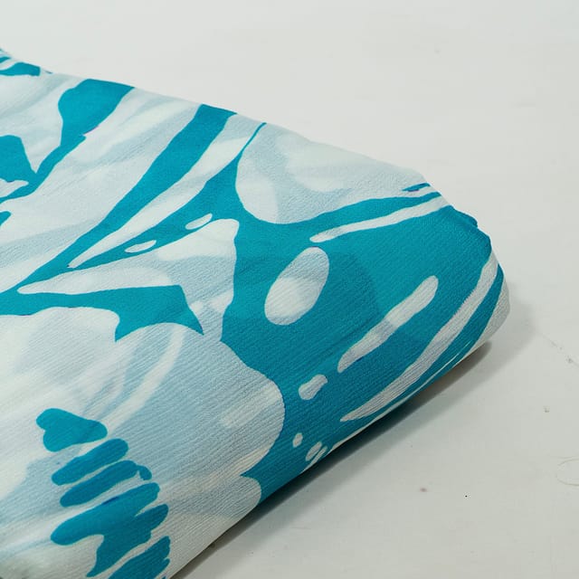 Cream and Blue Colour Chiffon Digital Printed Fabric