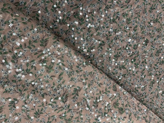 Light Beige Colour Floral Flat Sequence Chiffon Fabric