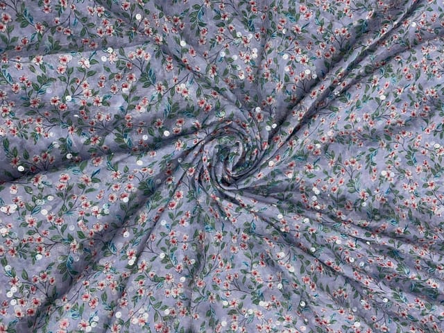 Light Lavender Colour Floral Flat Sequence Chiffon Fabric