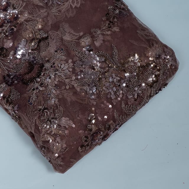 Brown Colour Imported Net Embroidered Fabric
