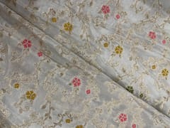 White MultiColour Floral Embroidered Chiffon Fabric