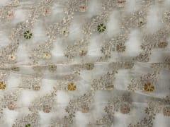 White MultiColour Floral Embroidered Chiffon Fabric