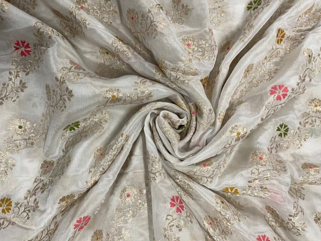 White MultiColour Floral Embroidered Chiffon Fabric