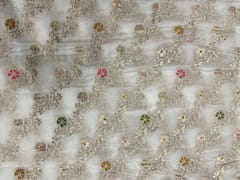 White MultiColour Floral Embroidered Chiffon Fabric