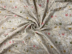 White MultiColour Floral Embroidered Chiffon Fabric