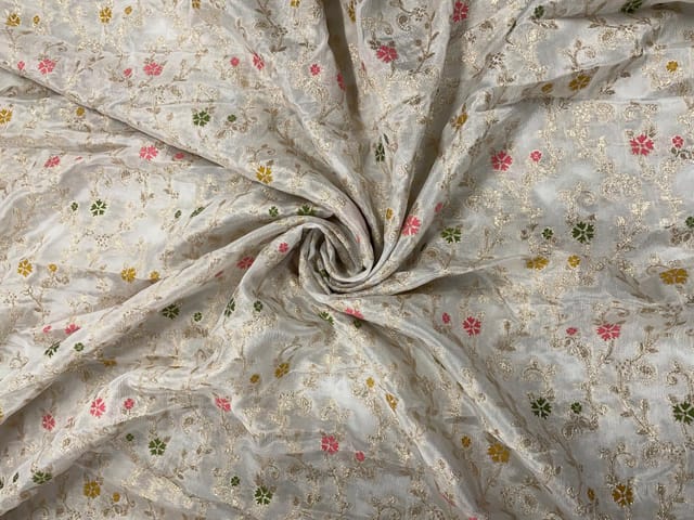White MultiColour Floral Embroidered Chiffon Fabric