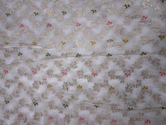 White MultiColour Floral Embroidered Chiffon Fabric