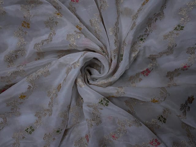 White Floral Embroidered Jacquard Chiffon Fabric