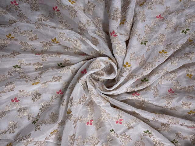 White MultiColour Floral Embroidered Chiffon Fabric