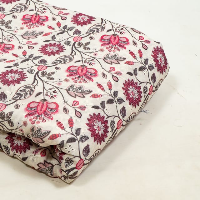 White Colour Cotton Chikan Floral Printed Fabric