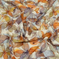 White Colour Cotton Chikan Floral Printed Fabric