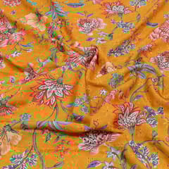 Mustard Colour Cotton Chikan Floral Printed Fabric