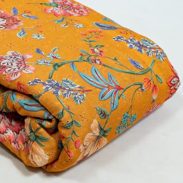 Mustard Colour Cotton Chikan Floral Printed Fabric