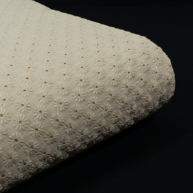 Off White Colour Dyeable Cotton Chikan Embroidered Fabric