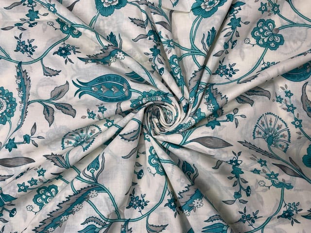 Cream Rama Green Leaves Floral Cotton Fabric