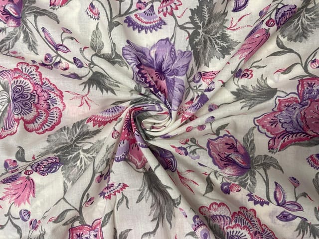 Cream Light Purple Floral Cotton Fabric