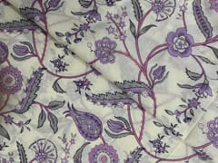 Cream Light Purple Leaves Floral Cotton Fabric