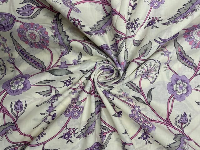 Cream Light Purple Leaves Floral Cotton Fabric