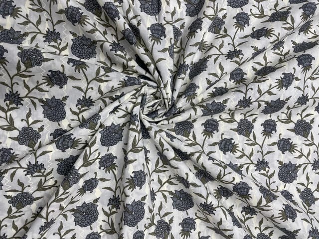Grey White Floral Cotton Fabric