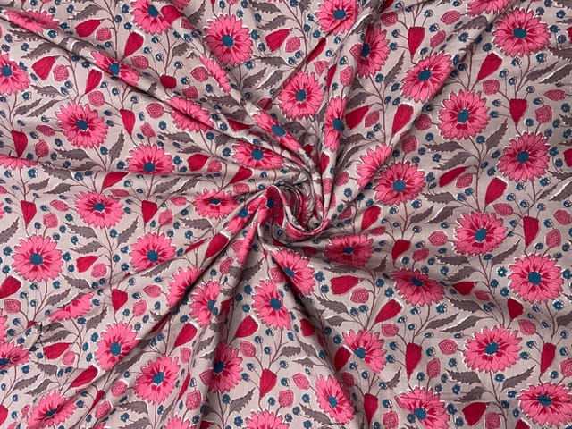 Beige Red Floral Cotton Cambric Fabric