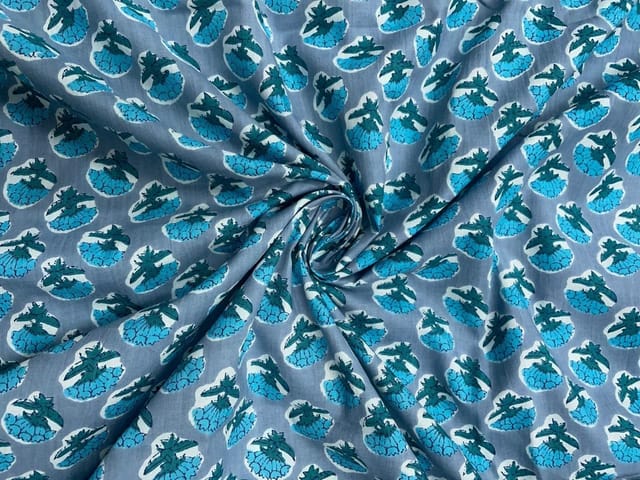 Grey Blue Floral Cotton Fabric
