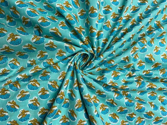 Sea Blue Floral Cotton Cambric Fabric