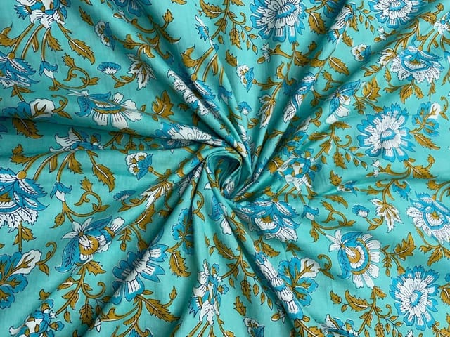 Sea Blue Floral Cotton Cambric Fabric