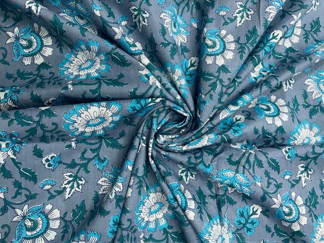 Grey Blue Floral Cotton Fabric