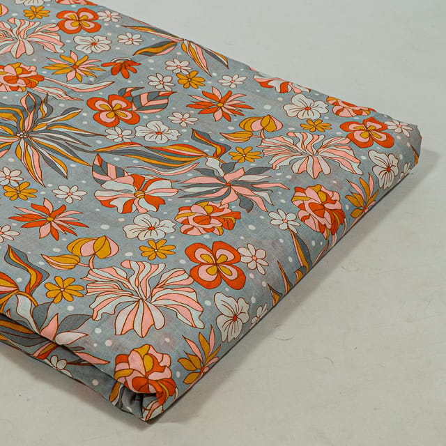 Grey Colour Cotton Cambric Printed Fabric