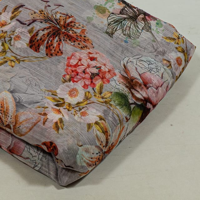 Grey Colour Chanderi Printed Fabric