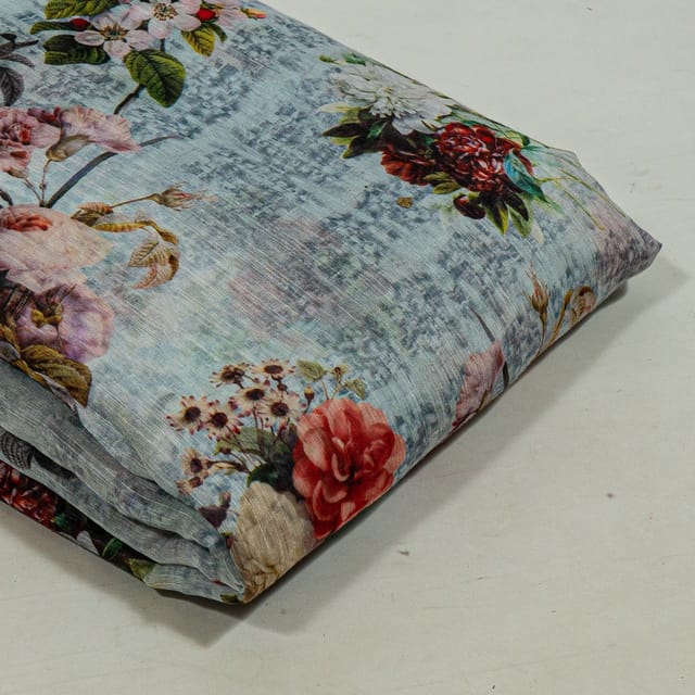 Grey Colour Chanderi Printed Fabric