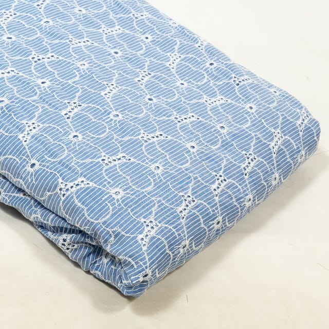 Sky Blue Colour Chikan Chambrey Stripes Fabric