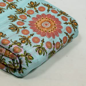 Sky Blue Colour Cotton Leno Floral Digital Printed Fabric