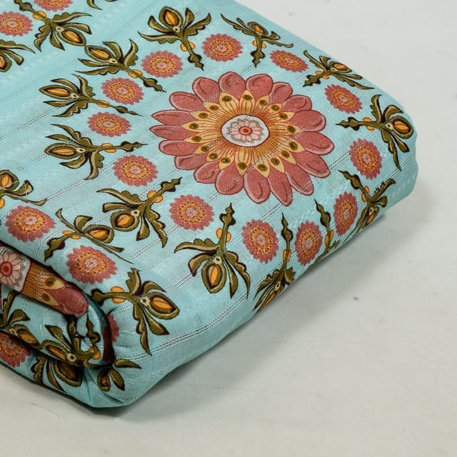 Sky Blue Colour Cotton Leno Floral Digital Printed Fabric