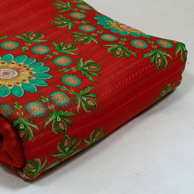 Red Colour Cotton Leno Floral Digital Printed Fabric