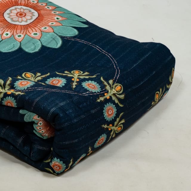 Blue Colour Cotton Leno Floral Digital Printed Fabric