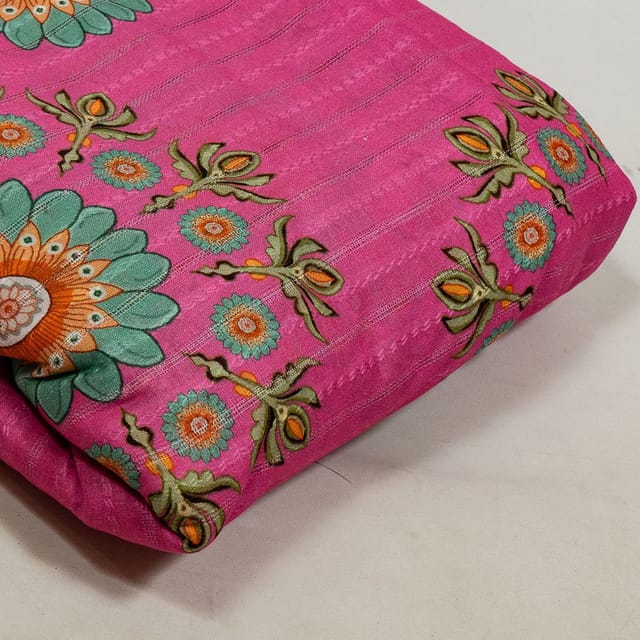 Hot Pink Colour Cotton Leno Floral Digital Printed Fabric